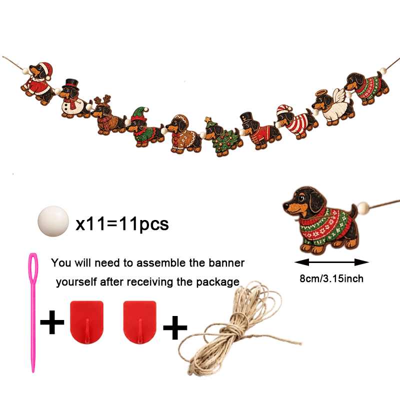 TEMU 10pcs Wooden Dachshund Garland With Santa Hat Patterns - Vintage Dachshund Dog Hanging Banner Suitable For Christmas, Mantel Wall Decor,
