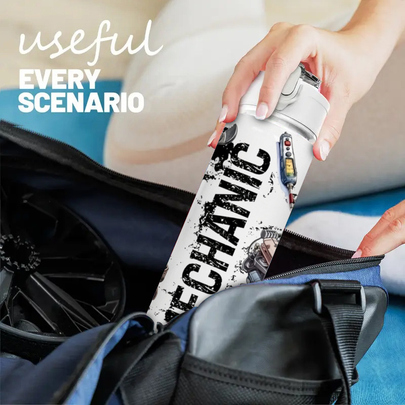 1 bouteille d'eau sur le thème de la mécanique avec motif d'outils - 750 ml/26 oz, couvercle à levier étanche, plastique durable pour salle de sport, sport, voyage, yoga, course à pied - Construction robuste pour la maison et l'extérieur