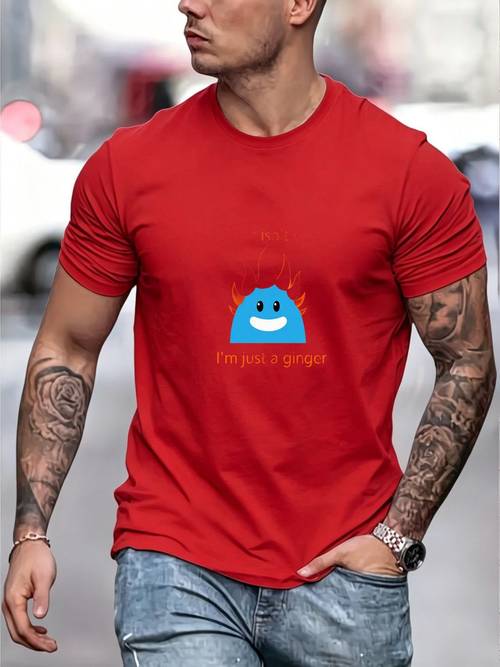 item picture mens short sleeve t shirt cartoon print design blue character with orange flames text im just a ginger comfortable and breathable fabric loose drop shoulder fit streetwear trendy style suitable for casual daily wear