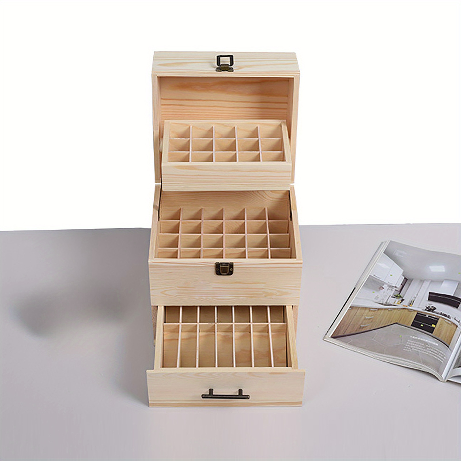 E-shop 3-Schichtige Holz-Ätherische Öle Aufbewahrungsbox, 59 Fächer – Holzkasten für Ätherische Öle, Nagellack und Duftöle mit 59 Löchern – für 15 ml