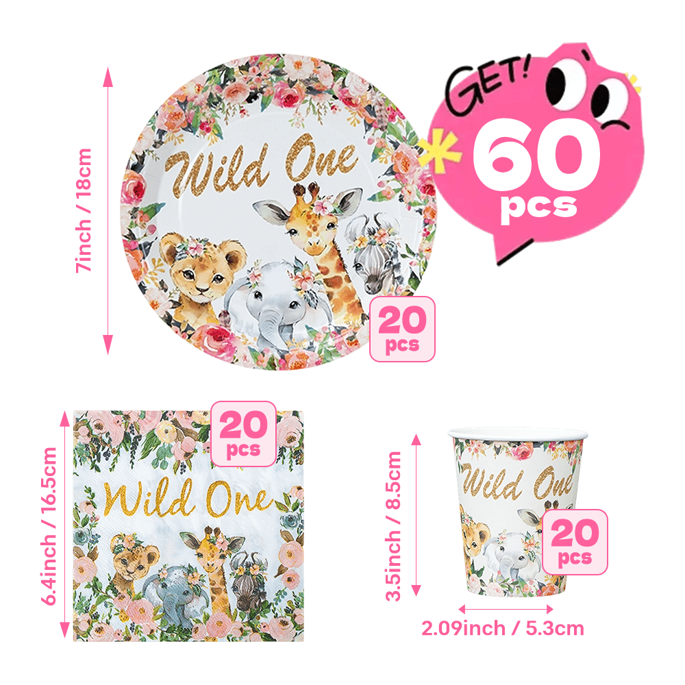 TEMU Ensemble de vaisselle de fête 60 pièces Wild One Animaux de florale (20 assiettes de 7 pouces + 20 serviettes + 20 gobelets en papier), avec de