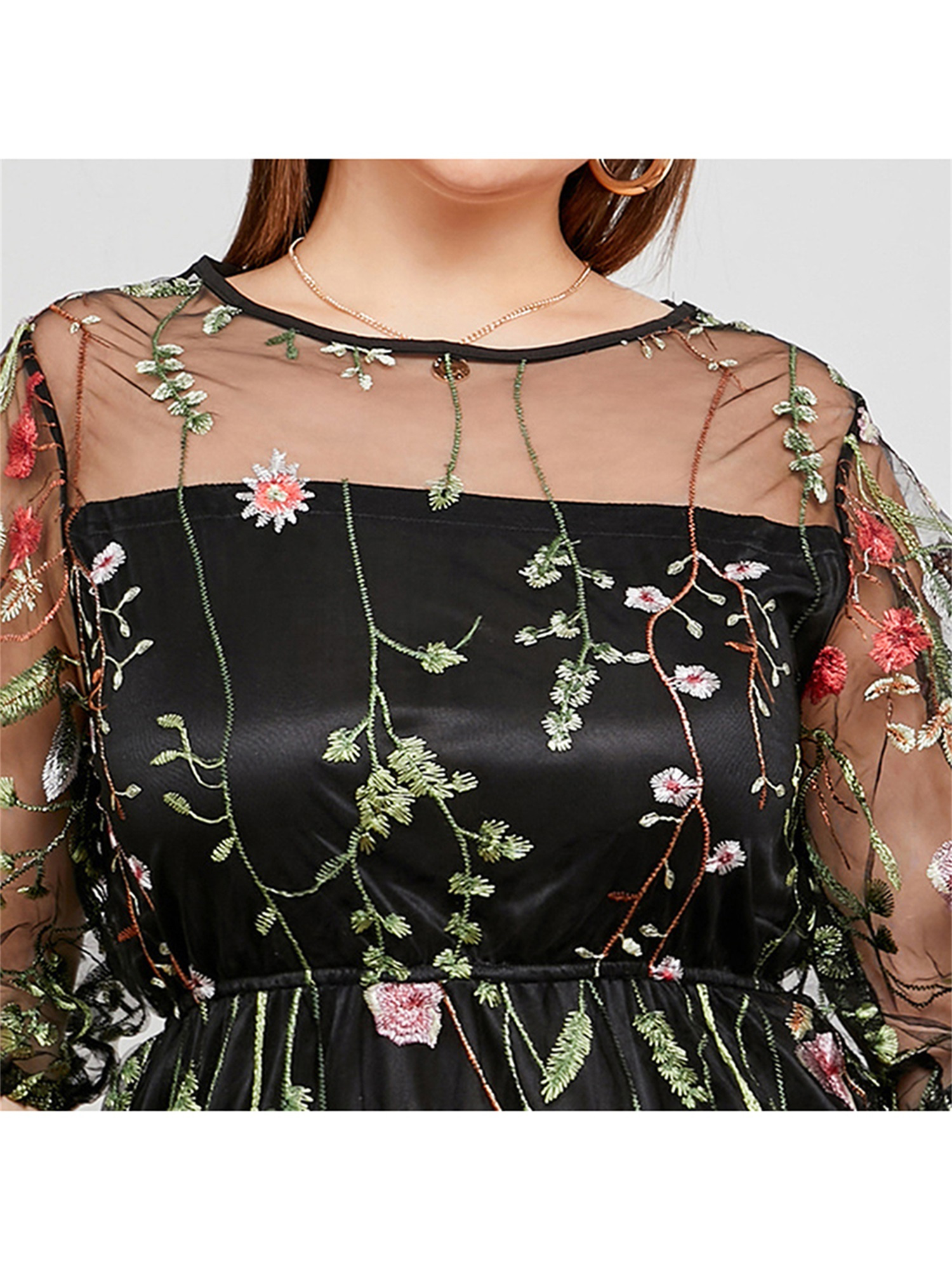 elegant plus size floral embroidered mesh midi dress half Temu - Main Image
