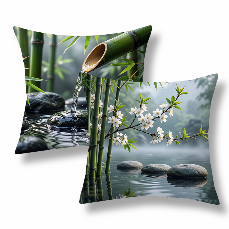 TEMU 2pcs Asian-inspired Throw Pillow Covers, Decorative Cushion Cases, Bamboo And With Scenes, Green-blue Tone. Versatile Pillow Shams For Sofa,