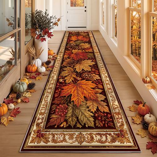item picture 1pc autumn thanksgiving runner rug soft velvet exquisite maple leaf pine cone and print non slip and washable suitable for entryway hallway kitchen bedroom seasonal home decor
