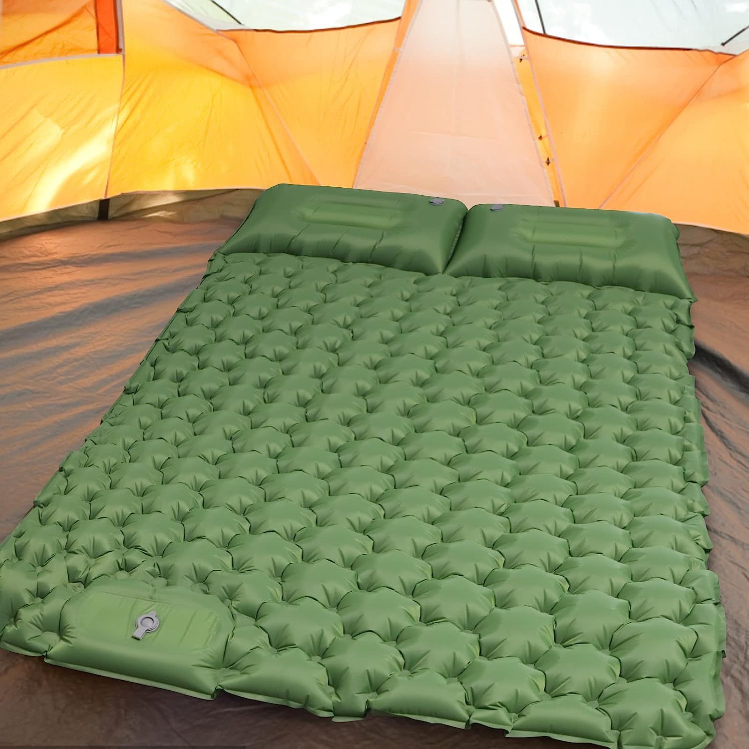 2-person Portable Inflatable Camping Mattress With Built-in Foot Pump - Comfortable Honeycomb Airbag Design, Durable Pvc Material, Green, Includes Storage Bag For