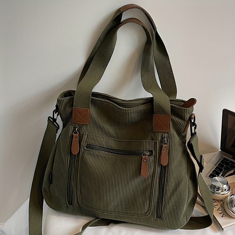 TEMU Retro Workwear Style Practical Large Capacity Women's Handbag| Student Class Backpack- Corduroy Fabric, Multi-pocket And Multi-functional, With