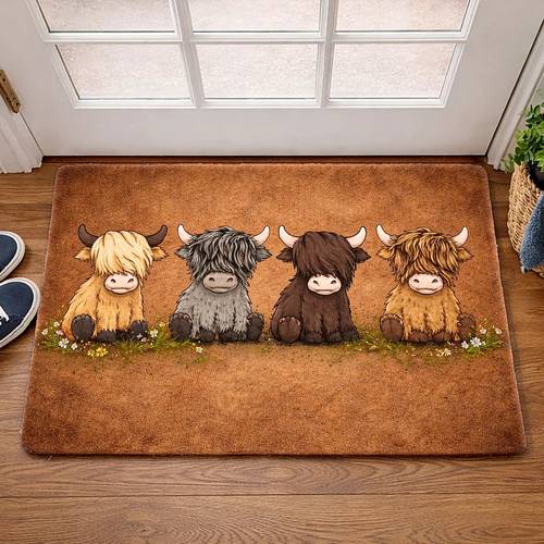 item picture 1pc kafulam highland cow rug suitable for indoor outdoor use adorable scottish cow floor mat with pvc backing machine washable dirt trapping door mat suitable for front door balcony kitchen farmhouse decor durable entrance for pets 2d flat