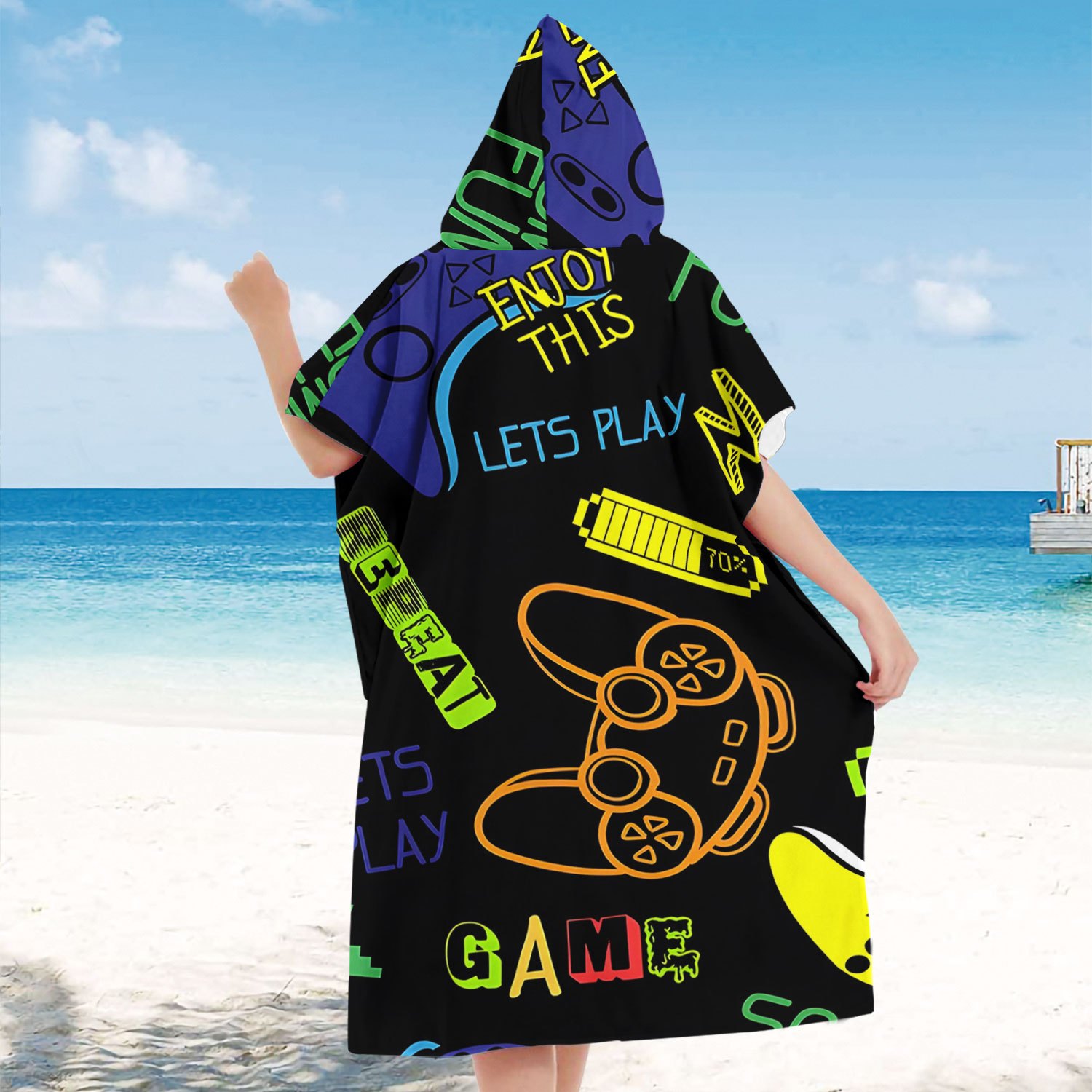 TEMU 1pc Game World Pattern Hooded Beach Towel Clothing, Beach Bath Towel Robe, Beach Towel Cape, Quick-drying And Absorbent, Suitable For Swimming