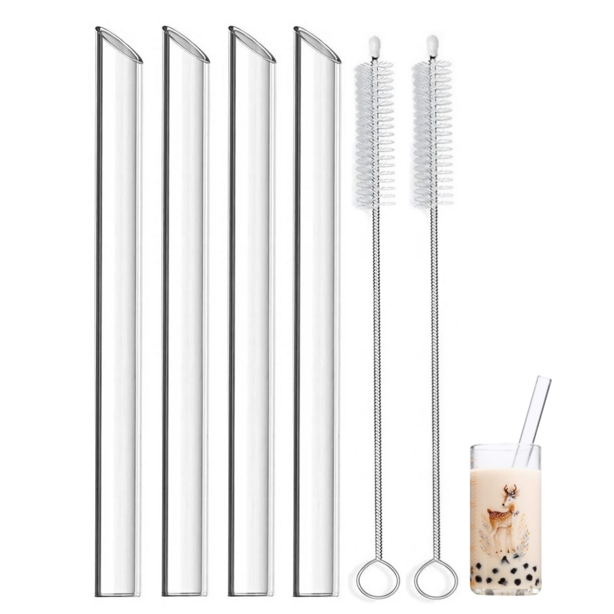 Image of 6pcs Set Reusable Glass Boba Straws, 14mm Extra Wide Clear Smoothie Straws For Bubble Tea, Pack Of 4 With 2 Brushes And 1 Case