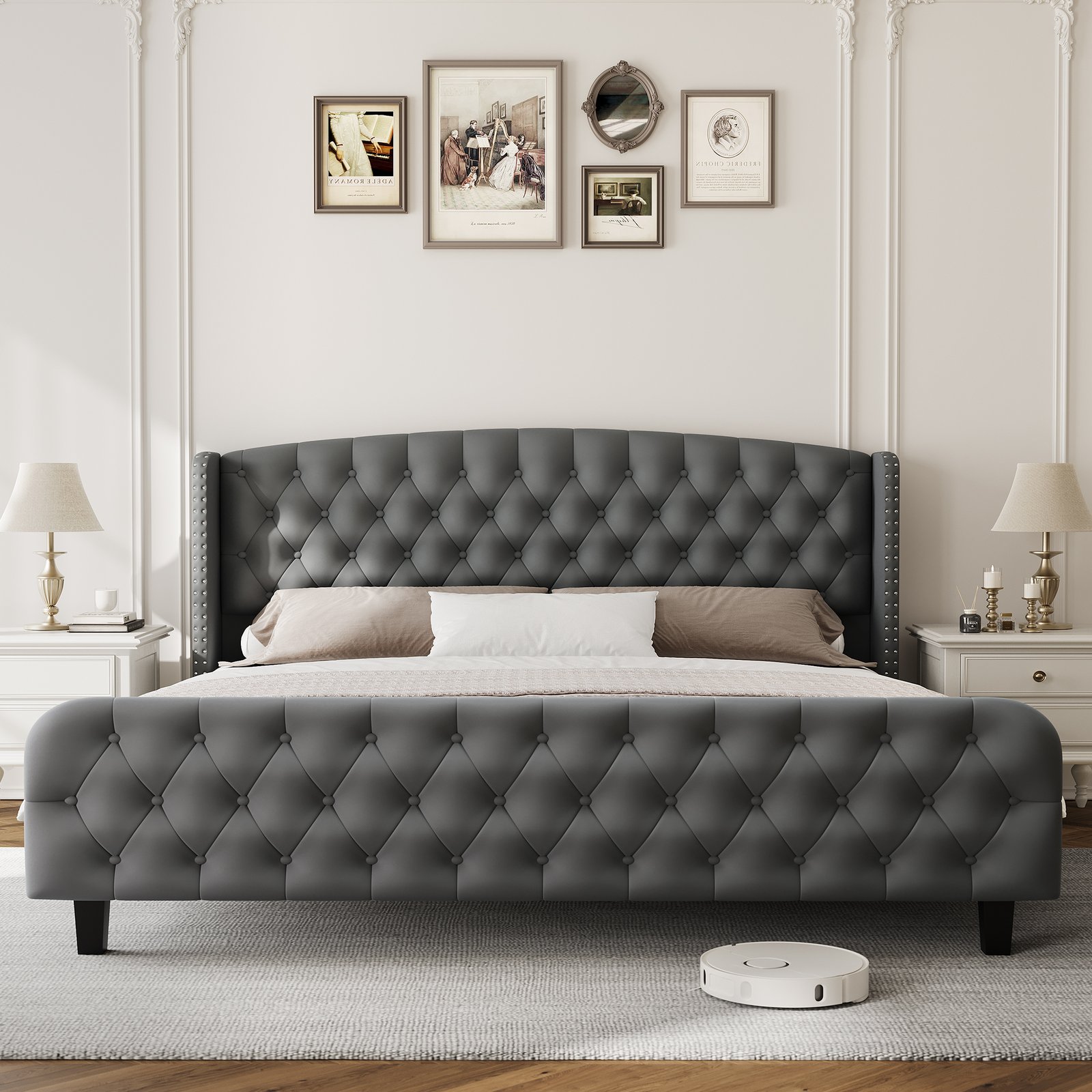 Modern Queen Platform Bed Frame with Wingback Headboard - Cream Beige Suede Upholstery, Deep Button Tufted, Sturdy Slats & Noise-Free Base, No Box Spring Required, Easy Assembly Suitable for Luxury Bedroom Furniture