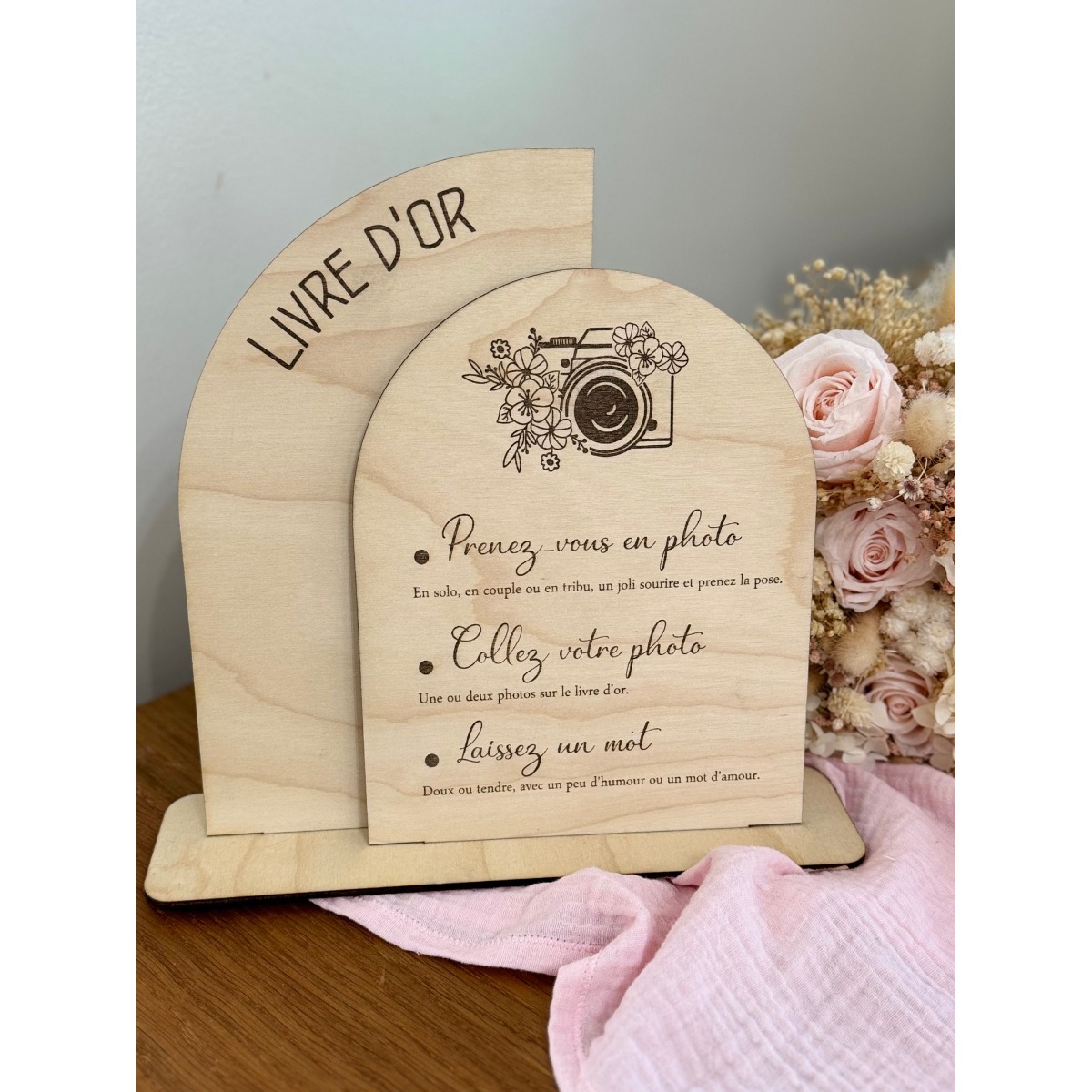 TEMU 1 pièce Panneau en bois pour 'or avec d'appareil photo et de fleur, Décoration de table pour cérémonie et réception de mariage, Décoration