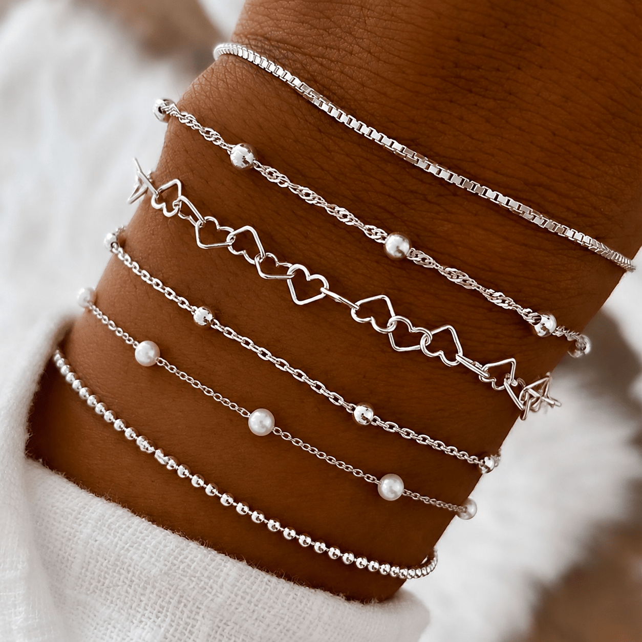 TEMU 6pcs Silvery-tone Layered Bracelet Set For Women, , & Beaded Chain Design, Trendy Minimalist Iron Bracelets, Elegant Stackable Wrist Jewelry For