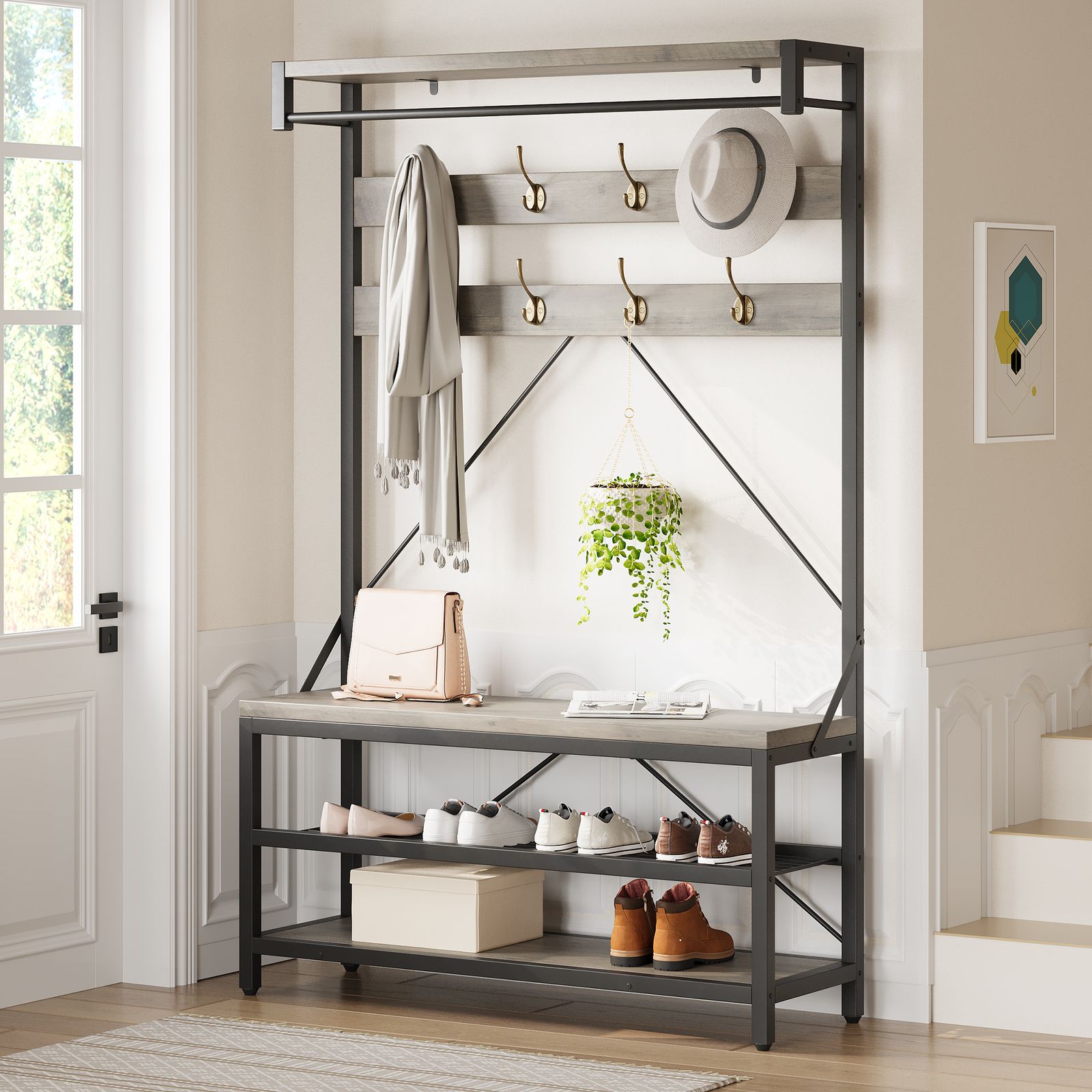 TEMU Porte-manteau banc à chaussures industriel, porte-manteau d'entrée avec banc de rangement, grand meuble à chaussures d'appoint bois avec étagère