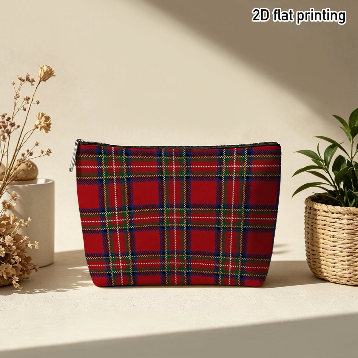 TEMU 1pc Scottish Tartan Makeup Bag With Burgundy Plaid & Red/blue Checkered Pattern - Zipper Closure Suitable For Daily Beauty Storage, , Themed