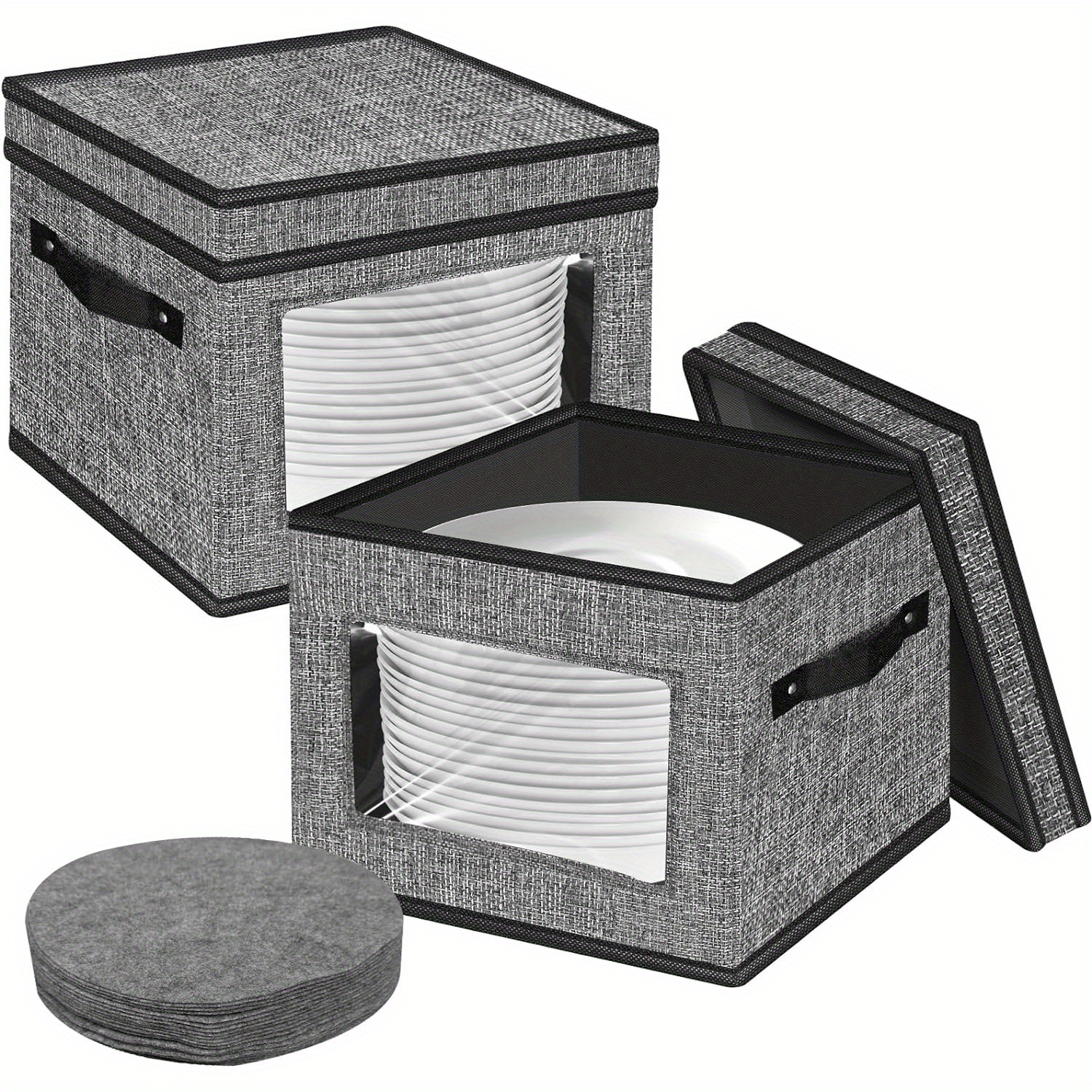 china storage containers with lid and handles dinnerware storage box for dishes with 12 felt dividers hold 24 plates 12x 12 set of 2 gray