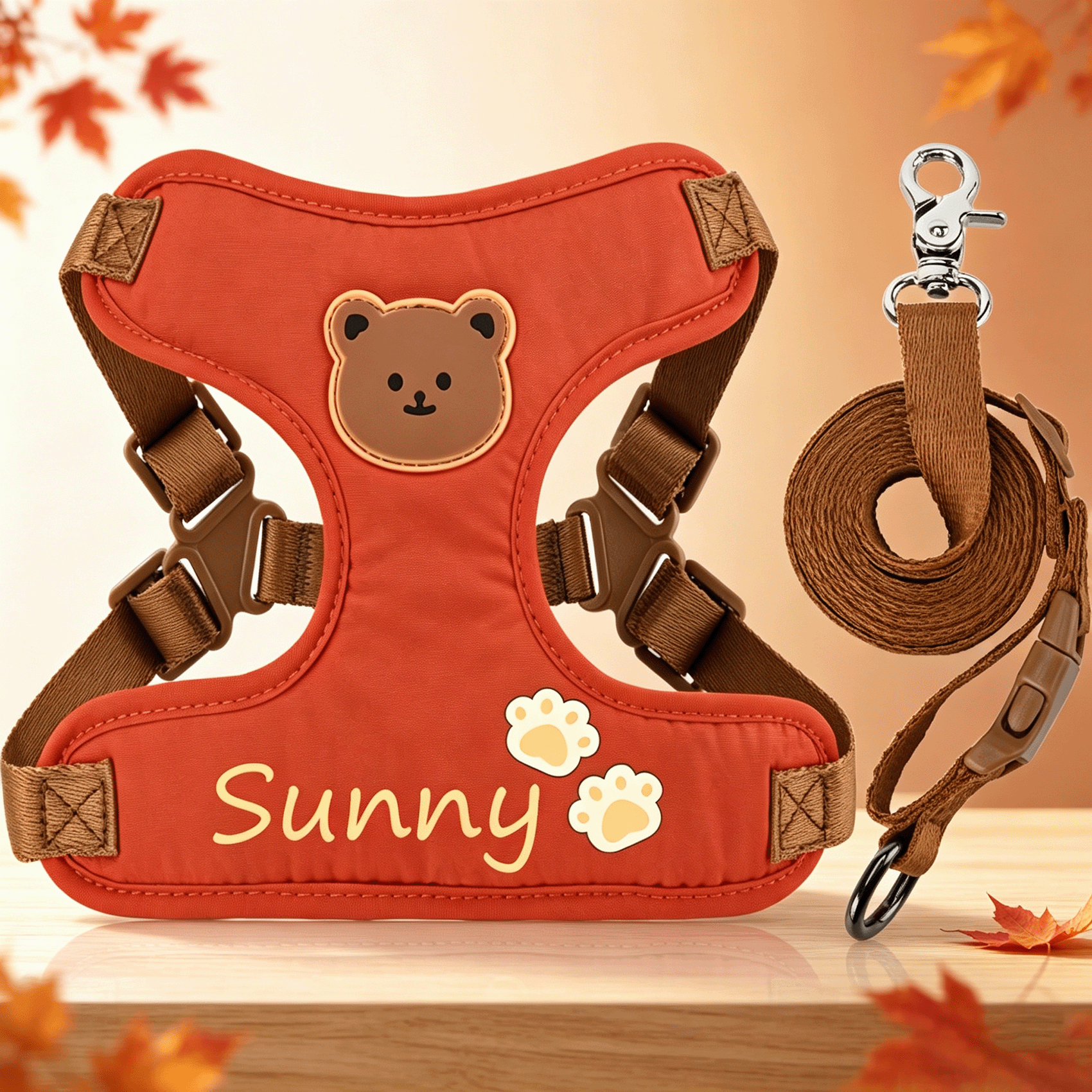 TEMU Autumn Pet Harness And Leash Set, Supports Personalized Customization, Suitable For Cats And Dogs, Features Paw Print Cartoon Print, In Multiple