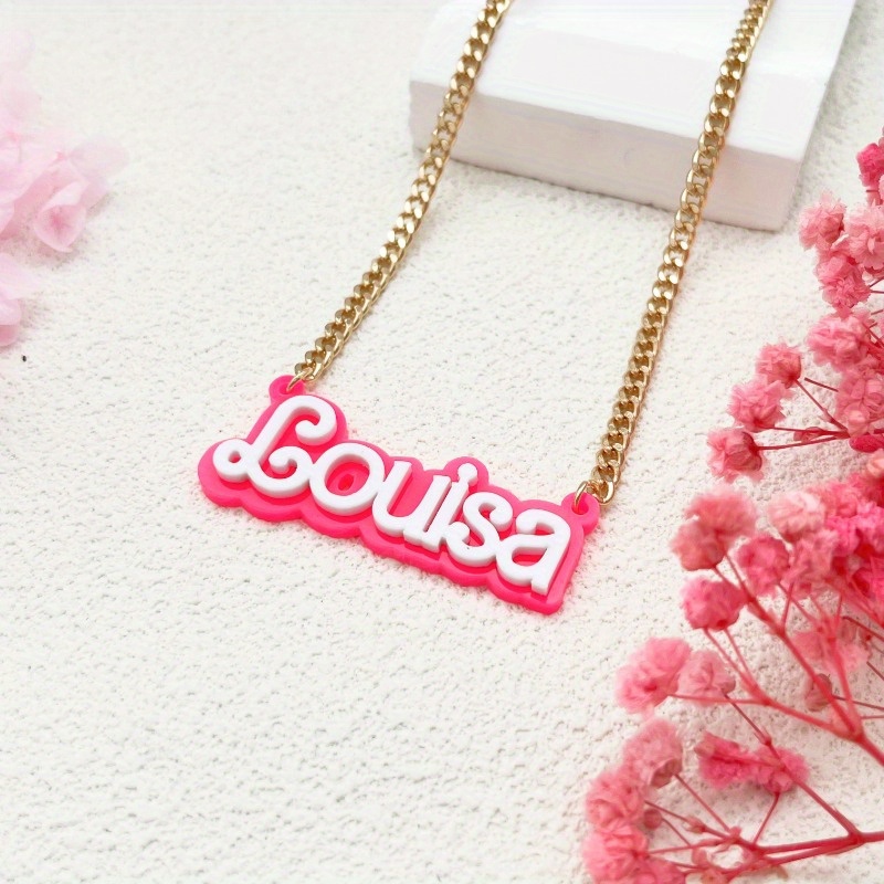 TEMU Custom Hot Pink Acrylic Name Necklace For Women - Personalized Script Initials Pendant With Golden-tone Chain, Y2k Cute & Jewelry Gift For