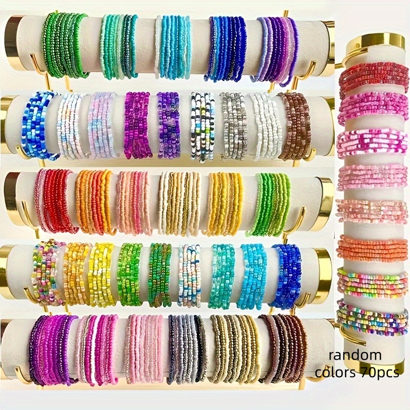 TEMU Random Colors 70pcs Handmade Beaded Elastic Bracelets, Bohemian Colorful Bead Bracelet Set, Suitable For Daily Wear And Beach Vacation Parties