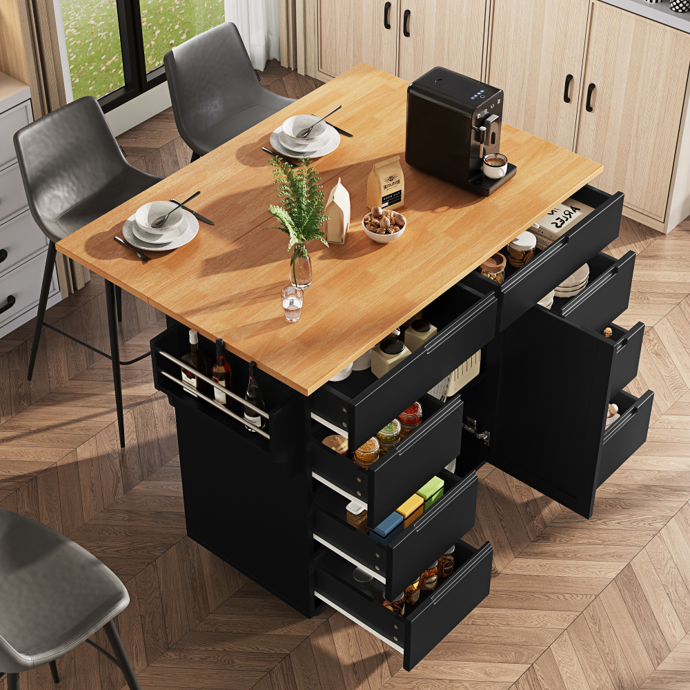 TEMU Modern Kitchen Island, Kitchen Cabinet, Pull-out Kitchen Cart With Roller And Workbench, Dining Cart With Seasoning Rack And 8 Drawers, Black