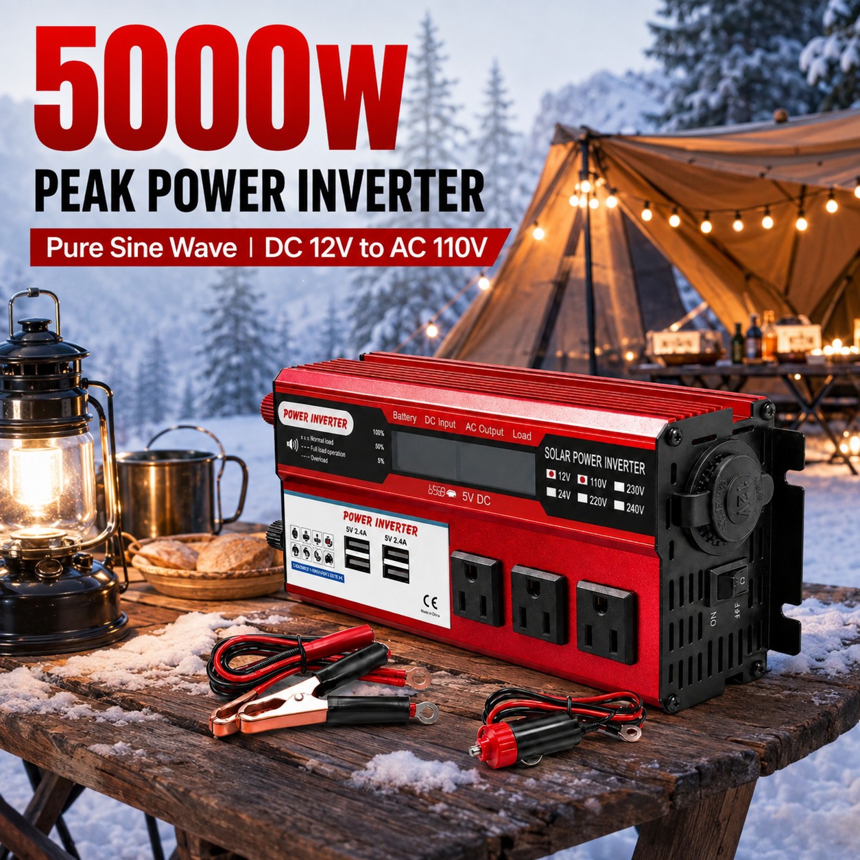 Car Inverter, 5000w Pure Sine Wave 12v To 110v, Lcd Digital Display, 4 Usb Ports+ 3 American-, Fast Power Converter For Trucks And Outdoor Camping