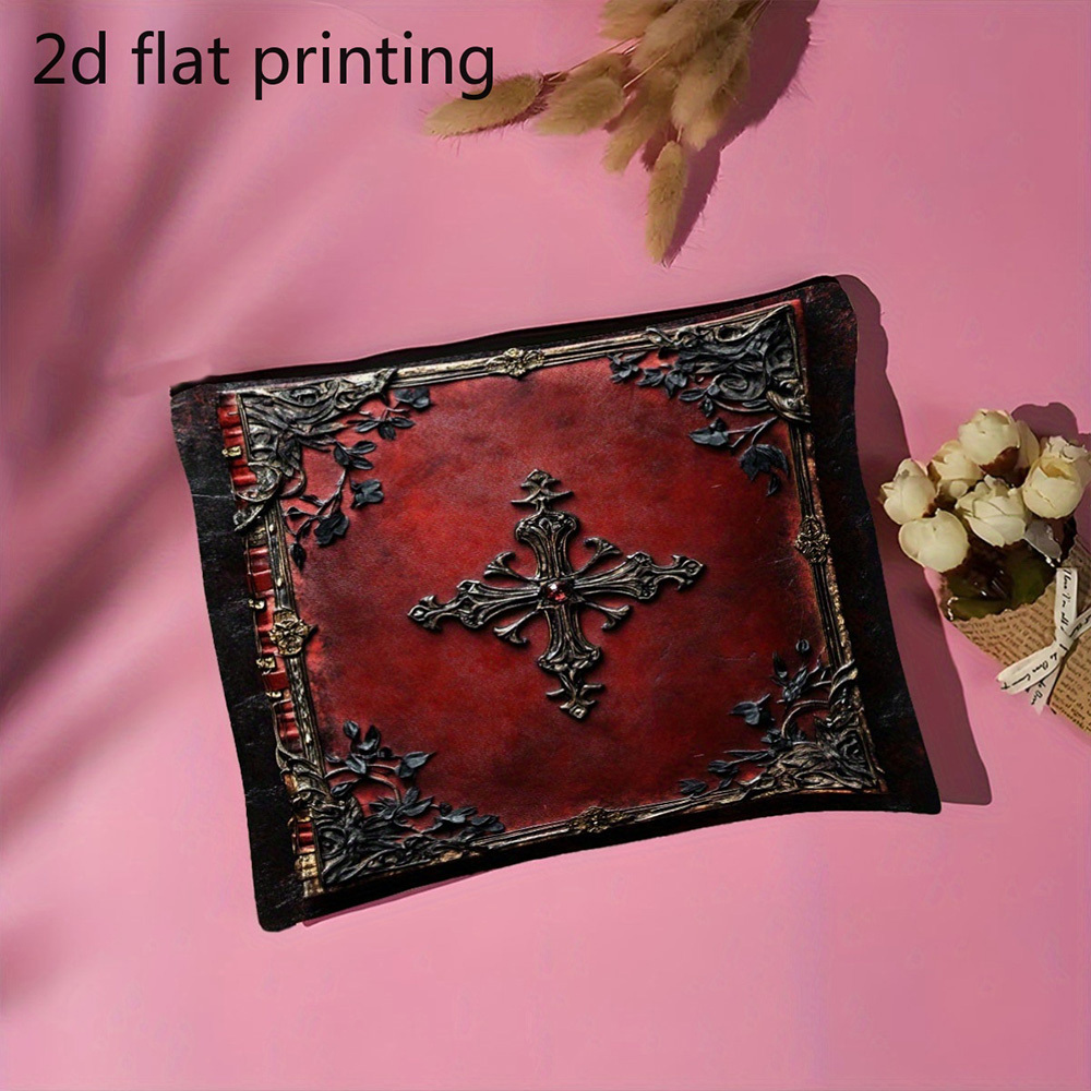 TEMU 2d Flat Printing, 1pc Retro Gothic Cross Design Printed Cosmetic Bag, Fashionable Red And Black Makeup Bag, Lightweight Storage Pouch, Toiletry