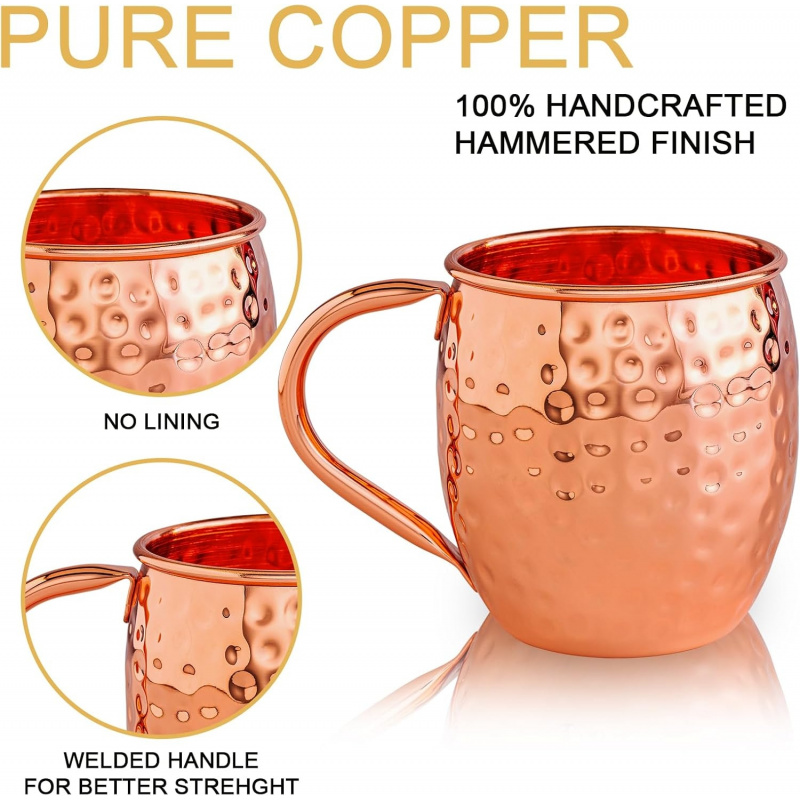 Copper Handmade Moscow Mule Mugs, Classic Welded Handles, Premium , Perfect For Cold Drinks, Cocktails, Beer, Wine, Parties& Bars