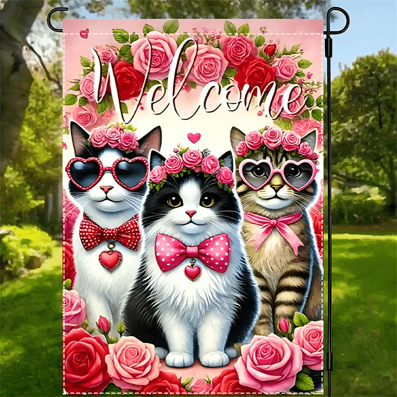 

1pc Cats Valentine's Day Garden Flag - "welcome" Front Door Decor With & Heart Accents, Double-sided Waterproof Polyester, 12x18inch, Ideal For Outdoor Celebrations, Outdoor Flag| Garden Flag| Flag,