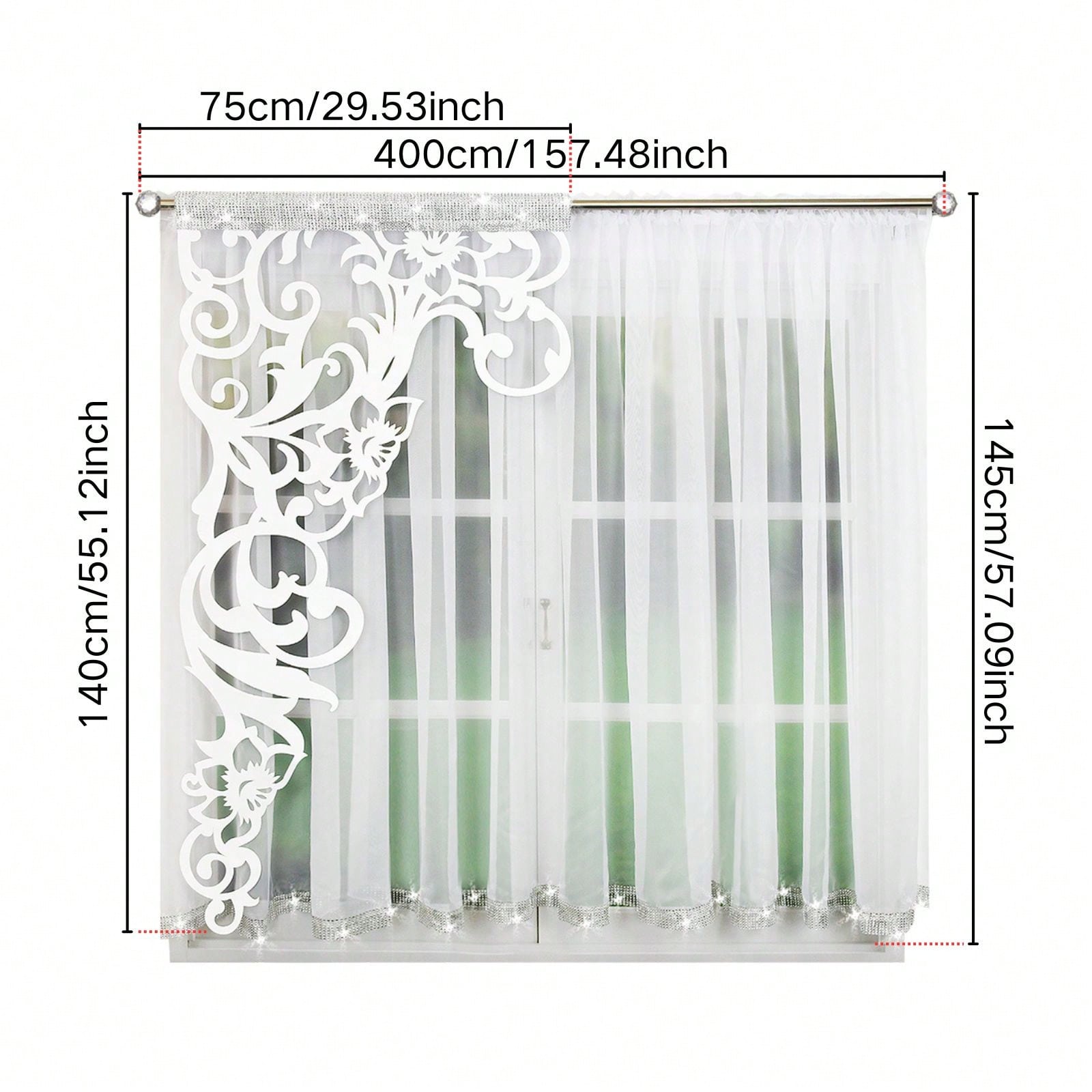 Image of 1 Set Of 2pcs French Filter Curtain With White Hollowed-out Panel, Country Style Translucent Valance Curtain For Room Windows, With Rod Pocket, 400 X 145cm