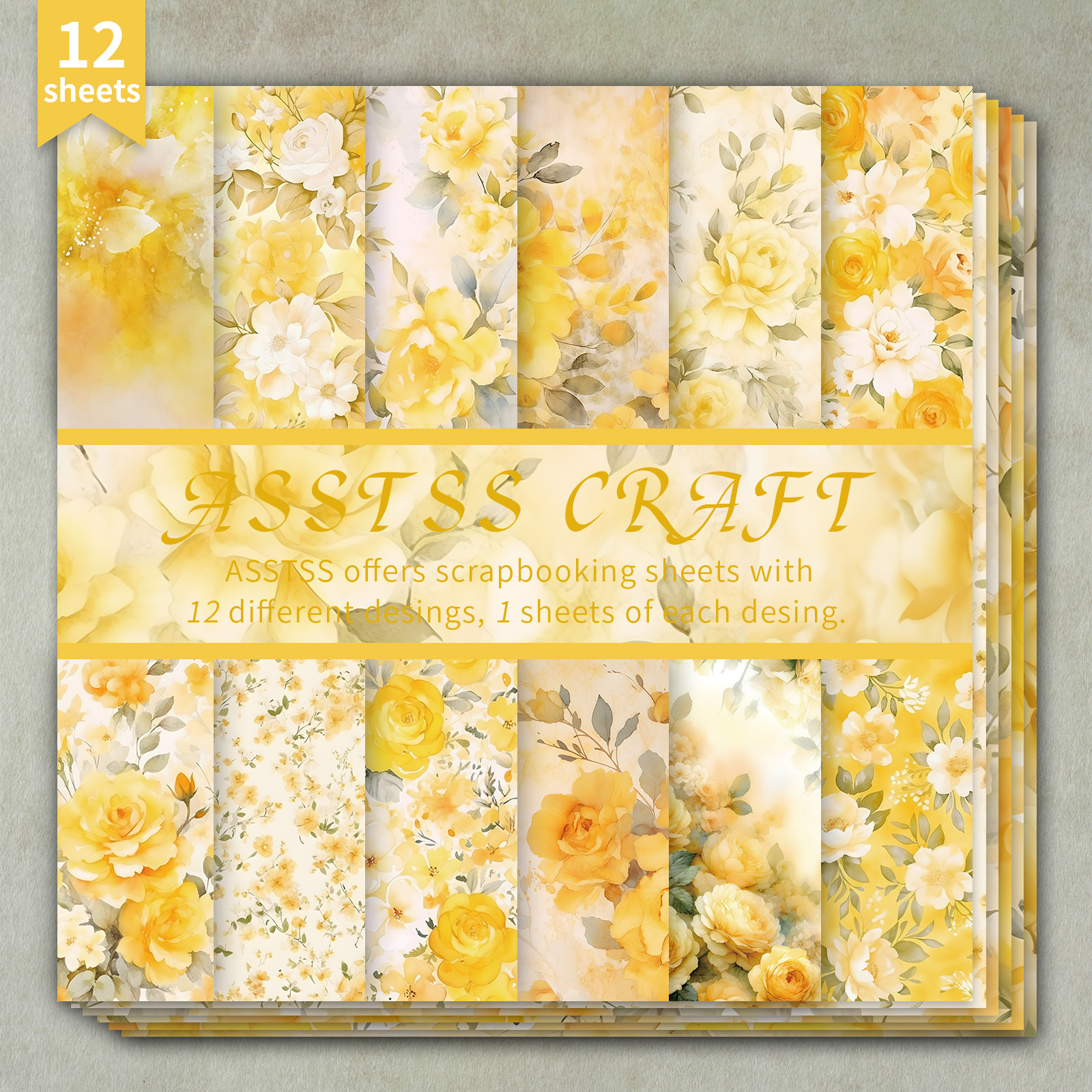TEMU A 12-sheet Scrapbook Paper Pad Measuring 6x6 Inches, Featuring A Warm Yellow Watercolor . This Heavyweight Cardstock Is Perfect For Journaling,