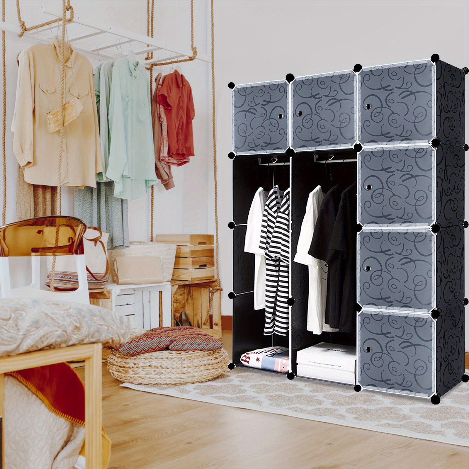 TEMU Armoire en plastique à emboîter avec portes, système de rangement avec 12 compartiments, noir, portables