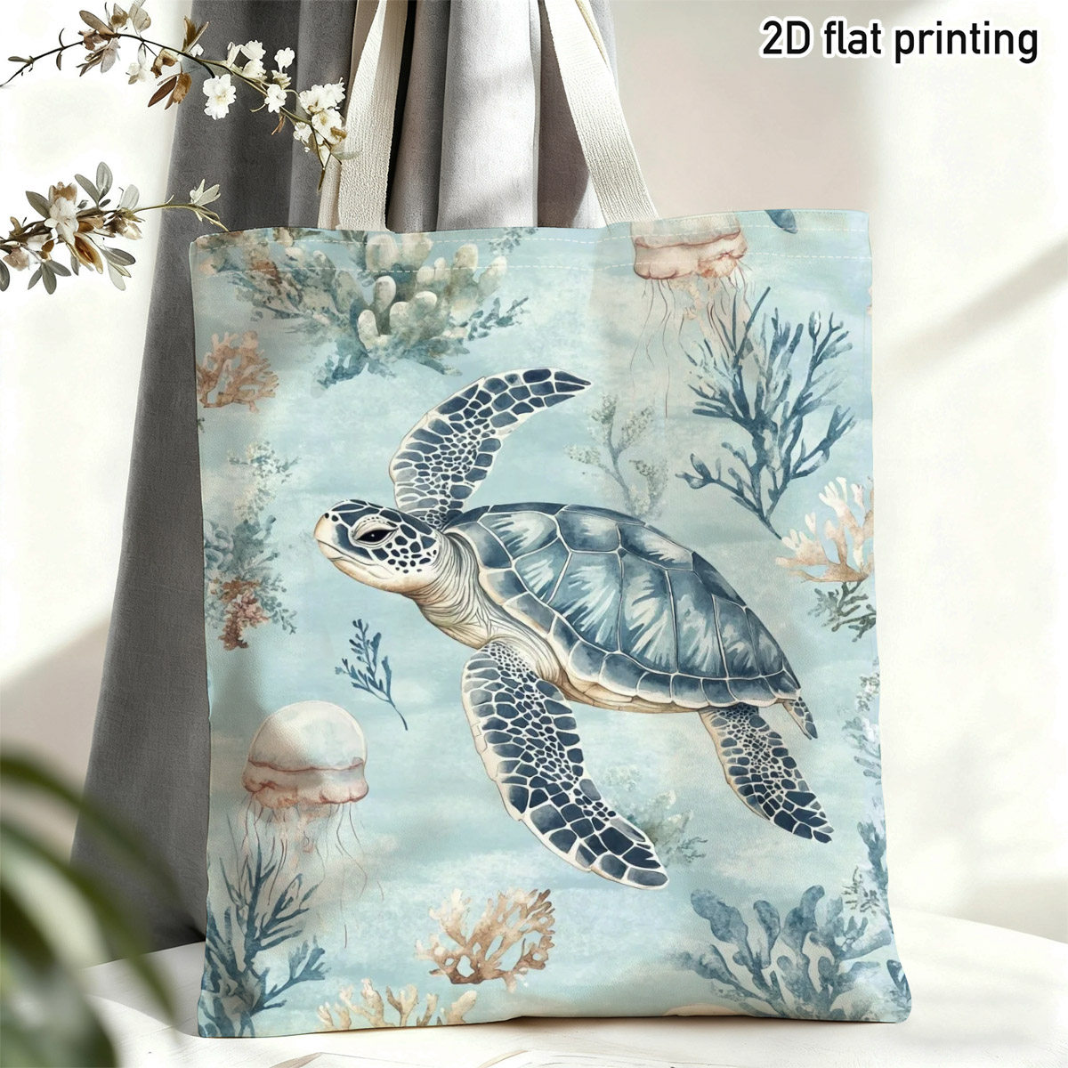 TEMU 1pc 2d Flat Watercolor Sea Turtle Durable Tote Bag, Duplex Prints Underwater Scene, Beach Trips, Grocery Shopping, Coastal Cafe , For Trendy