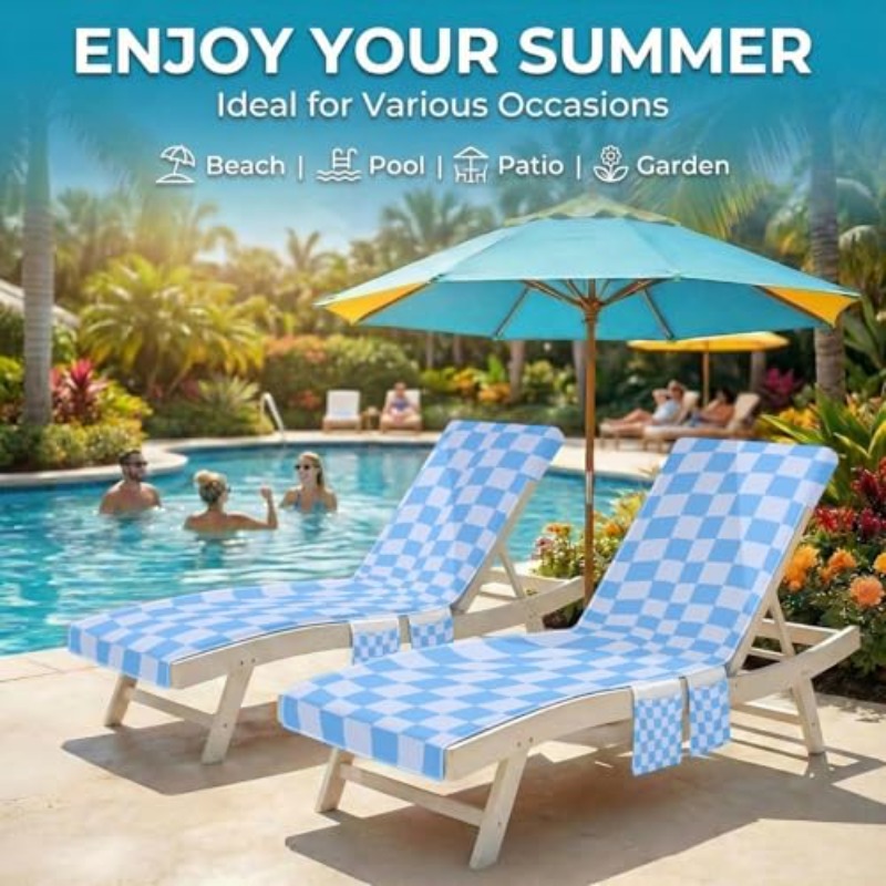 Lounge Chaise Chair Towel Covers Pack of 2, Beach Chair Cover with 3 Pockets for Pool Outdoor Beach Garden Patio Trips, 85 X30in (Blue Checkerboard)