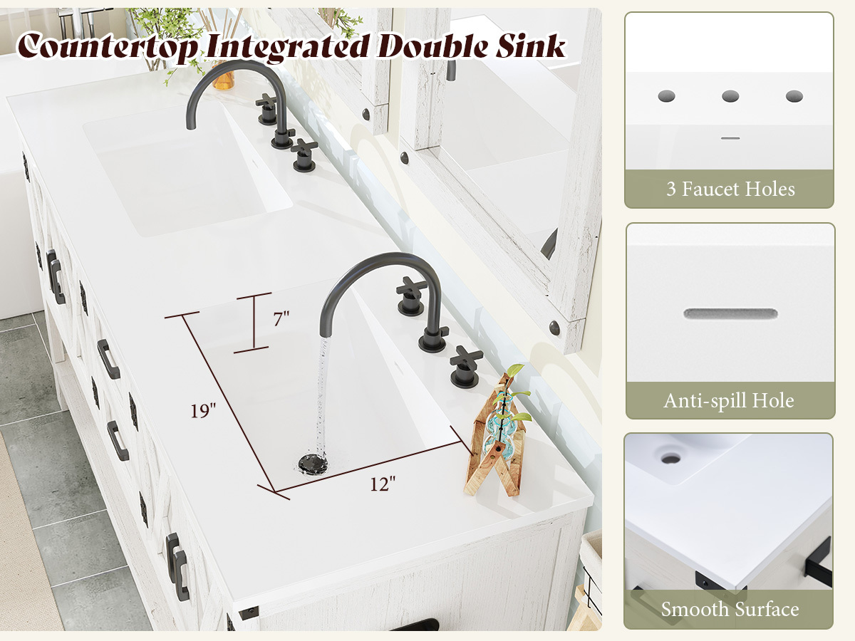 60 inch   double sink bathroom vanity with cabinets drawers open shelf mdf suitable for family bathrooms space saving   low maintenance for resale value Product details 1