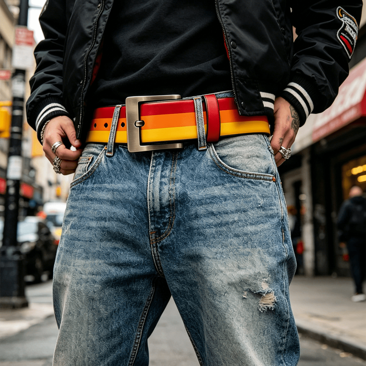 TEMU Red Yellow Orange Gradient Striped Pattern Men's Belt, Hip-hop Y2k Style Sunset Contrast Striped Women's Printed Belt, Adjustable Buckle Design,