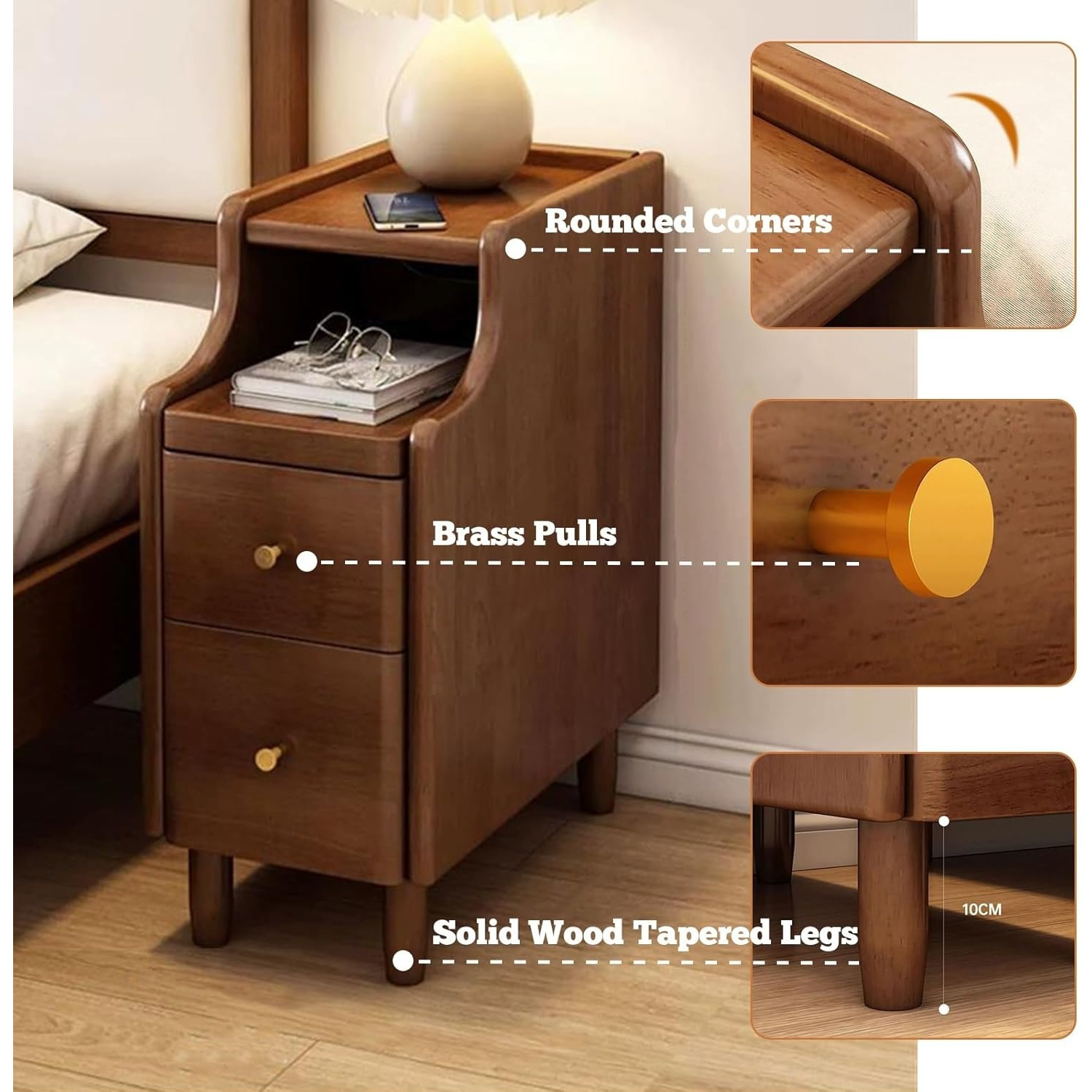 chic solid wood nightstand with sliding drawers open storage shelf   small spaces multi functional bedside table with cable management holes ideal for bedroom dorm and living room details 4