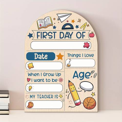 item picture 2d flat 1pc wooden printed first day of school decorative sign wood back to school gift can record name and date information with school emblem book pencil and ruler patterns 2d flat