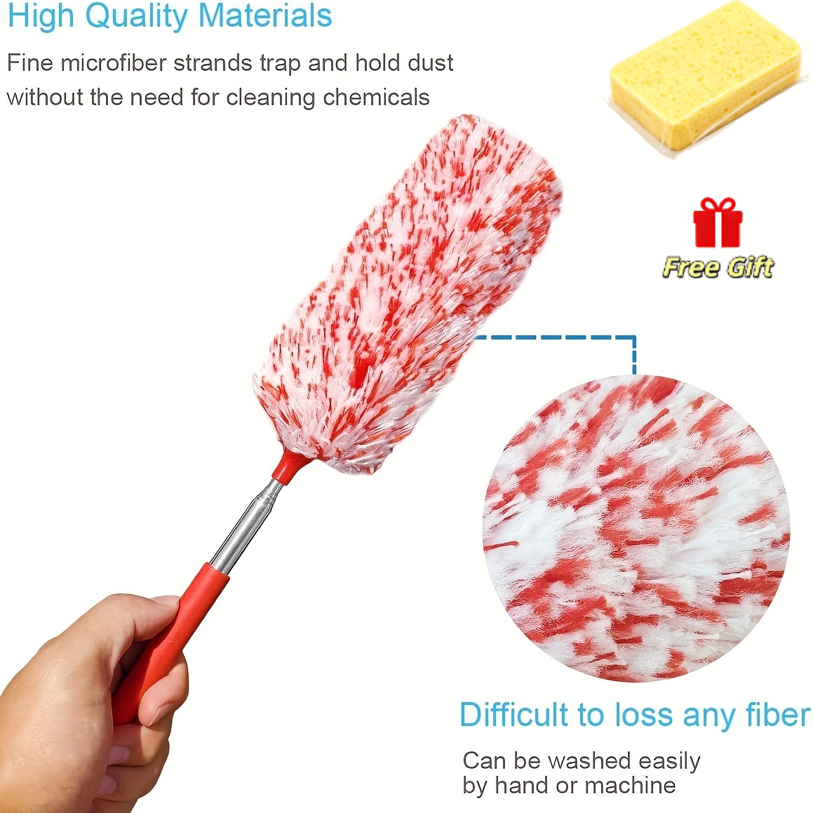 TEMU 2pcs (1pc Colored Duster And 1pc Cleaning Sponge) Telescopic Microfiber Dusting Wand, Washable Reusable Cleaning Tool, Dusting Brush With