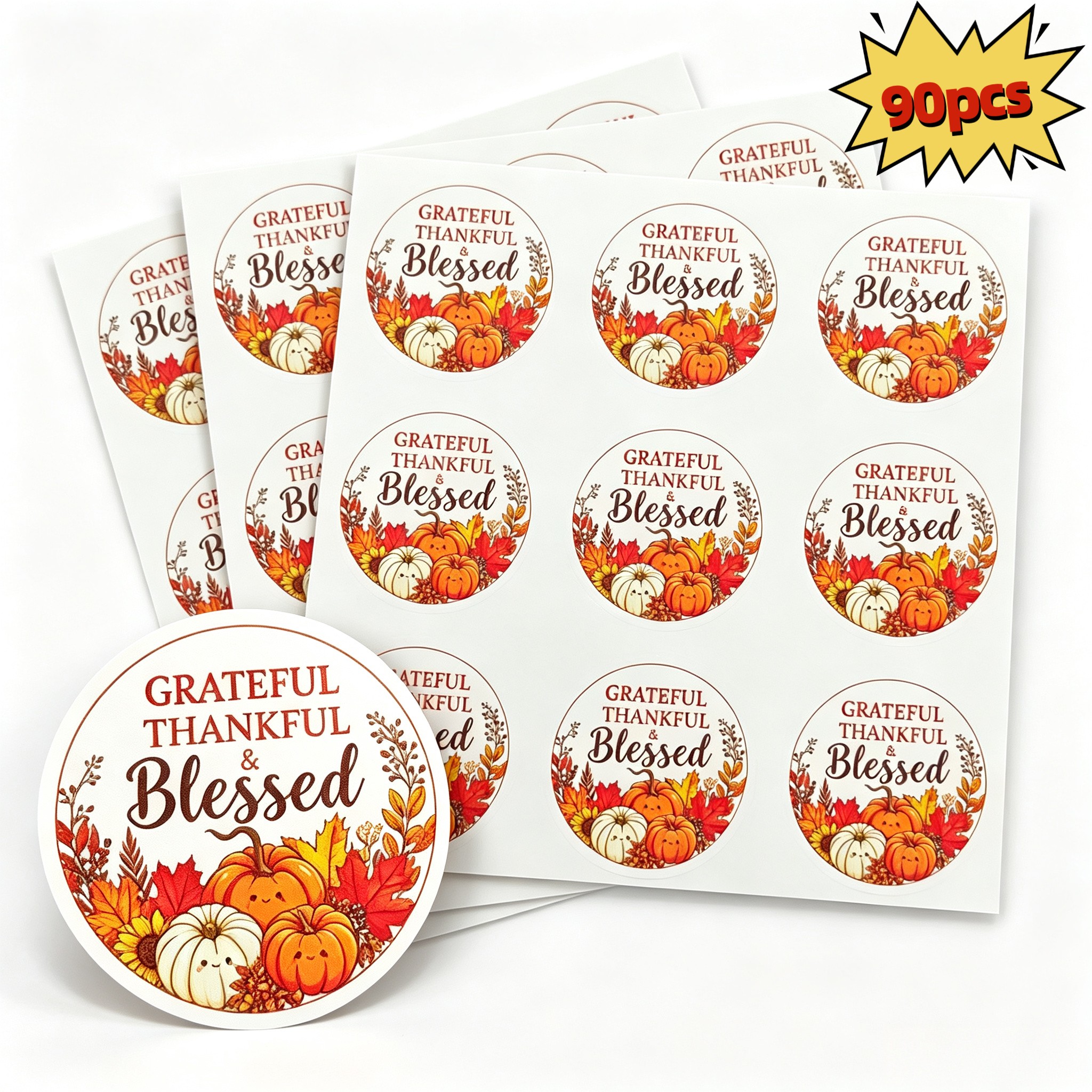 TEMU 90pcs Round Thanksgiving Sealing Stickers, 10 Sheets Of Backing Paper (9pcs Per Sheet), Diameter 4cm (1.57 Inches) Grateful Thankful & Blessed