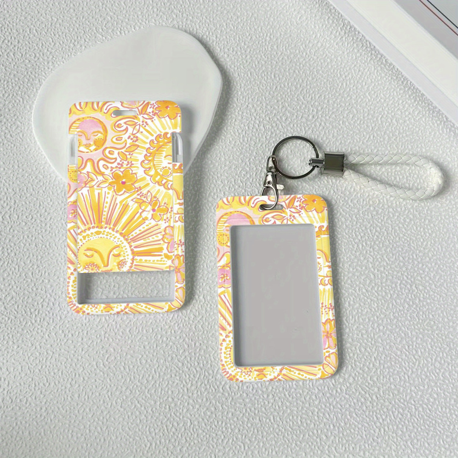 TEMU 2d Sunshine Floral Plastic Id Card Holder With Lanyard - Vibrant Yellow Pink , Transparent Window And Rounded Corners, Suitable For Doctors,