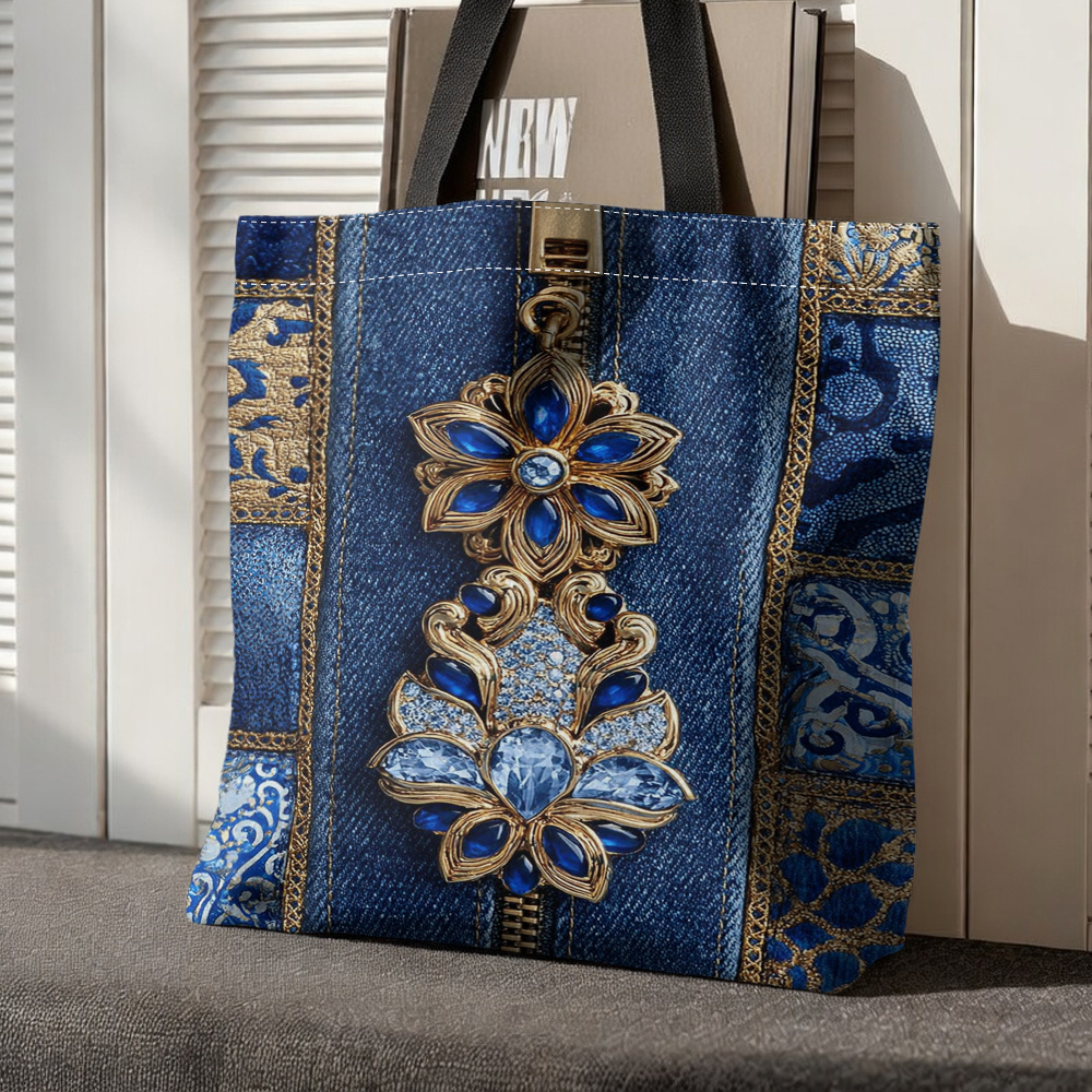 TEMU 1 Double-sided Printed Ornate Zipper-decorated Textured Fabric 2d Fashion Shopping Tote Bag - Durable Vintage-style , Shopping And Daily Use,