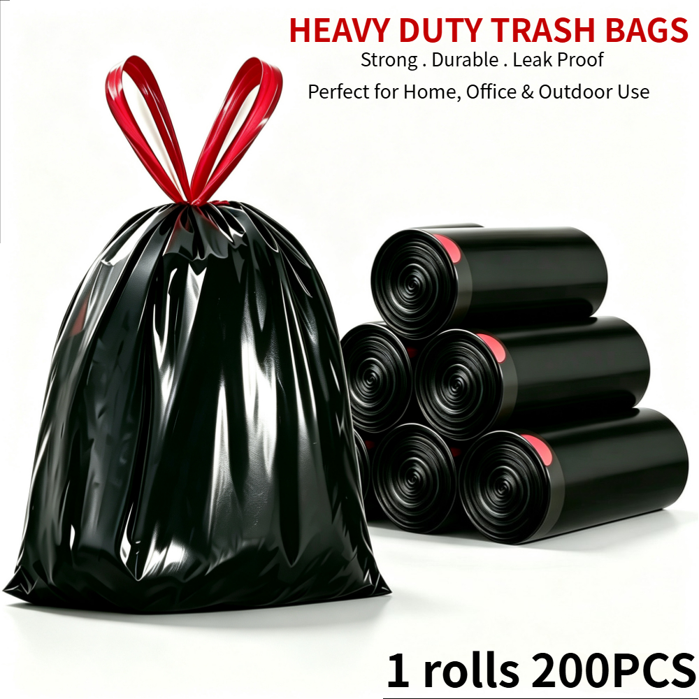 TEMU 200 Count/1 Roll Extra Large Heavy-duty Black Drawstring Trash Bags, Thickened Leak-proof Drawstring Bags, Kitchen & Food Storage Bags,