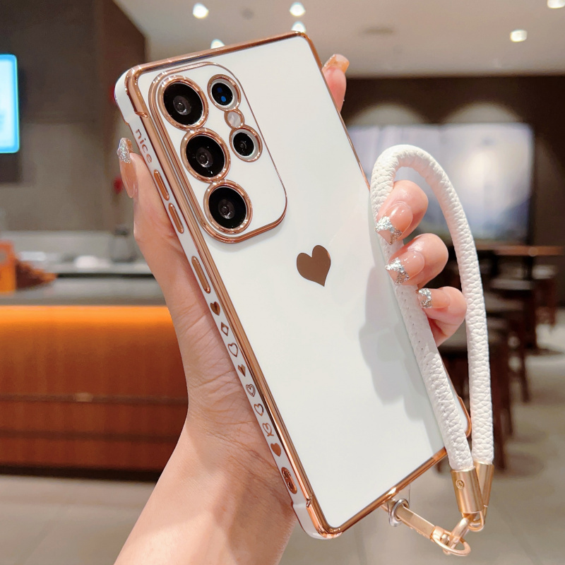 TEMU Phone Case: -color Side Electroplated Solid Heart   Lanyard Phone Case. Suitable For Full-coverage Protective Case. Creative, Simple, And Niche