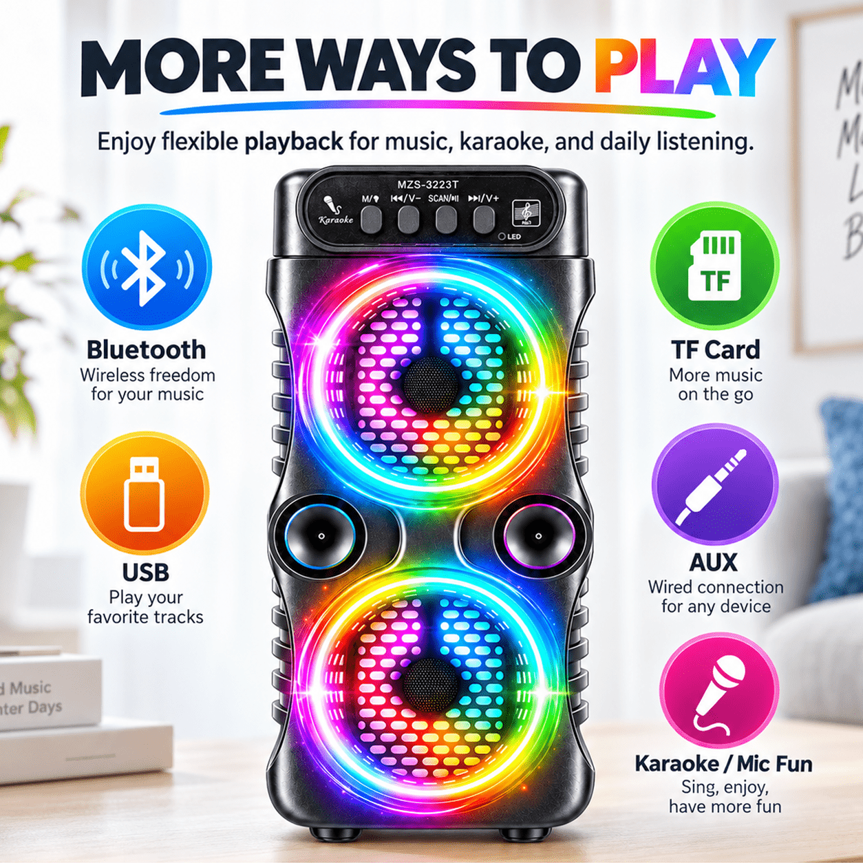 Image of Portable Bluetooth Speaker With Rgb Led Lights, Wireless Stereo Speaker For Halloween Decorations, Christmas Decorations, Bedroom Room Decor, Home Party & Outdoor