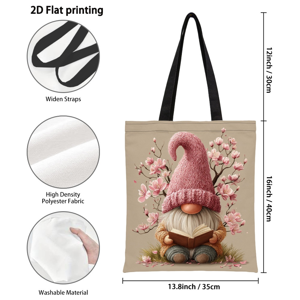 TEMU 1pc Chic Spring Gnome With Blossoms Art Print Large Capacity Tote Bag, Foldable Reusable Grocery Bags For Women, Lightweight Shoulder Bag Ideal