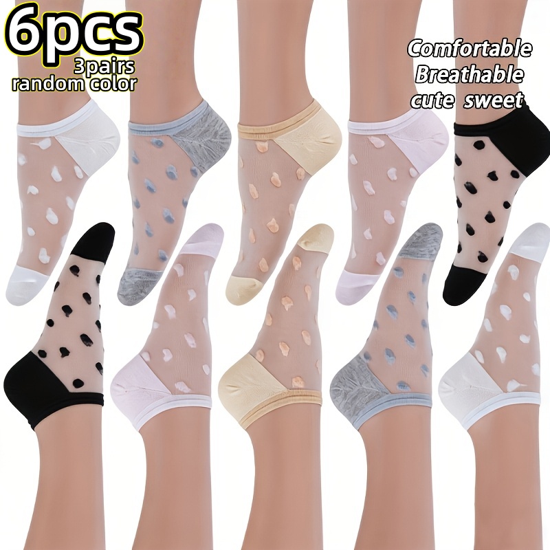 TEMU 6pcs/3 Pairs Invisible Boat Socks - Sheer Polka Dot Glass Mesh Socks, Japanese Cute Women's All-match Transparent Low-cut Socks, Women's