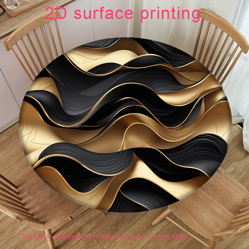 TEMU 1pc 2d Flat Printing Black And Stretch Round Tablecloth, Suitable For Round Dining Tables, Polyester Material, Used For Parties, Kitchen,