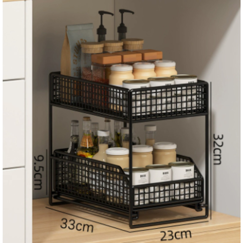 Image of 2-tier Under Sink Organizer, Pull-out Drawers, Carbon Steel, Storage For Kitchen & Bathroom, No-drill Slide Out Storage For Kitchen, Adjustable Height, Black, Strong Bearing Capacity