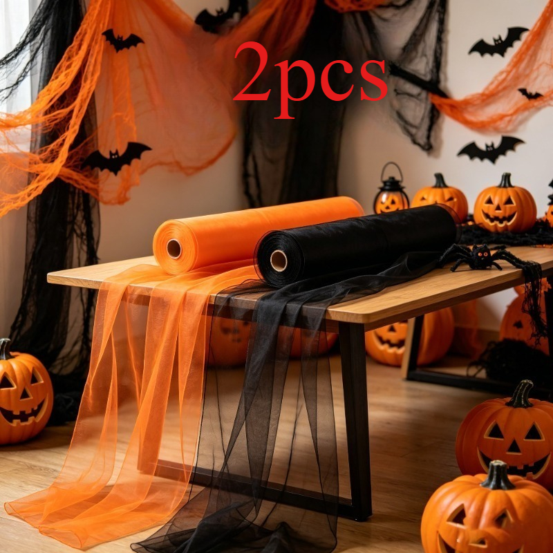 TEMU 2 Rolls - Halloween Color Scheme Mesh Roll, Suitable For Various Scene Setups! Extra-long Transparent Polyester Tulle Curtain With Vintage Tone