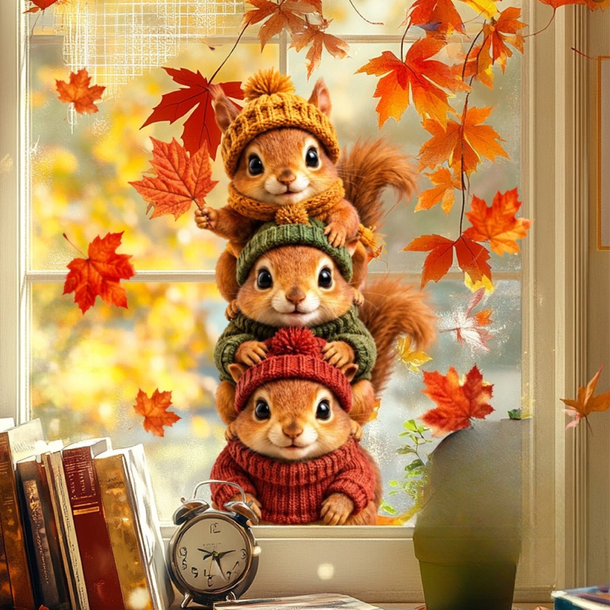 TEMU Autocollant de fenêtre Thanksgiving avec écureuils empilés et feuilles d'érable de dessin animé, décoration de fenêtre amovible et auto-adhésive