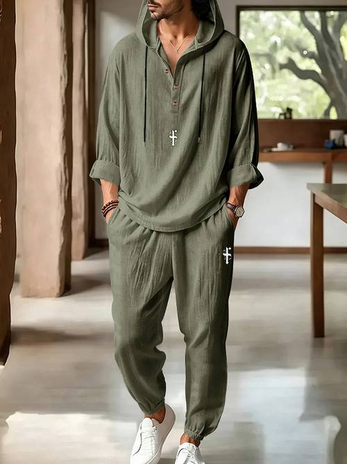 item picture mens american 2pcs linen loungewear set hooded long sleeve henley top matching long pants breathable natural linen fabric minimalist loose design for indoor casual relaxation and daily leisure